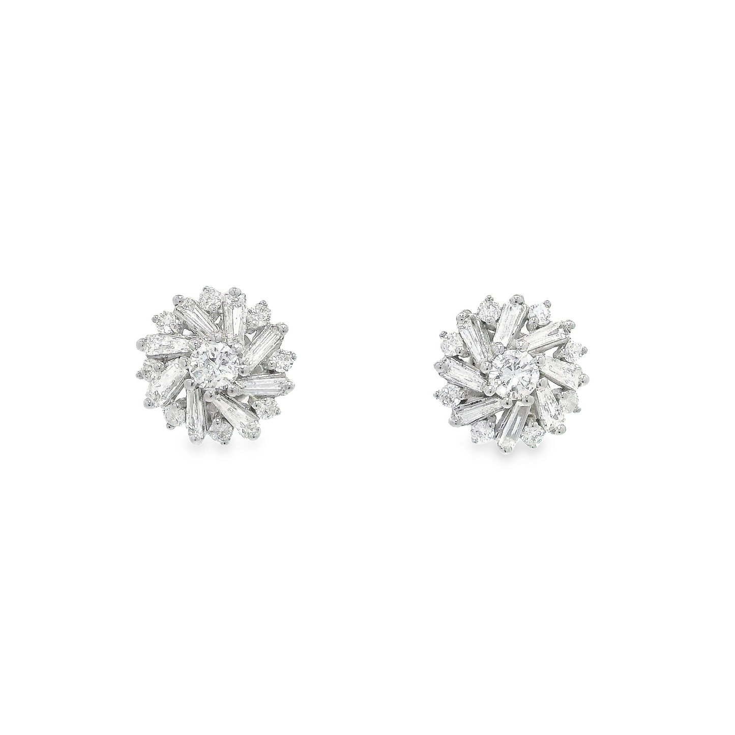 Baguette around Brilliant Round Diamond Stud Earrings in 18K White Gold
