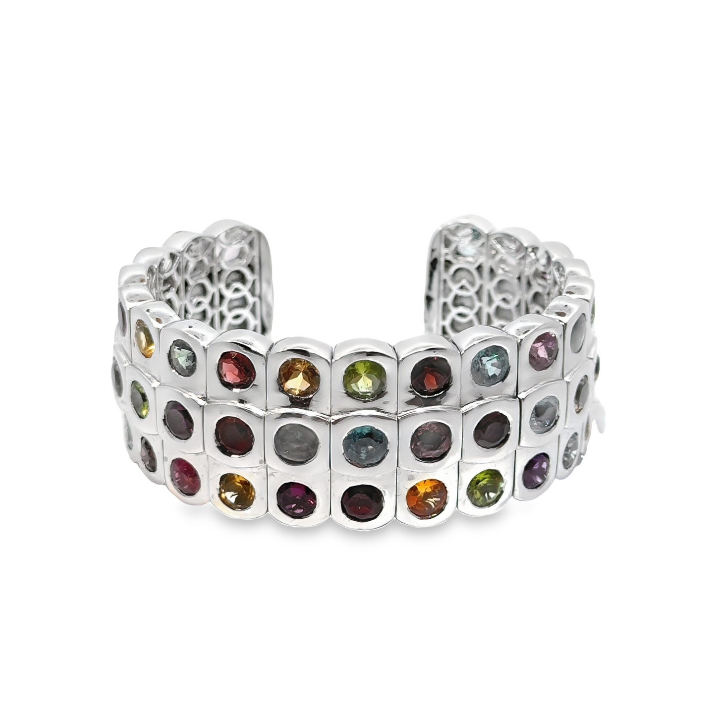 3-Row Rainbow Gemstone Cuff Bangle in 18K White Gold