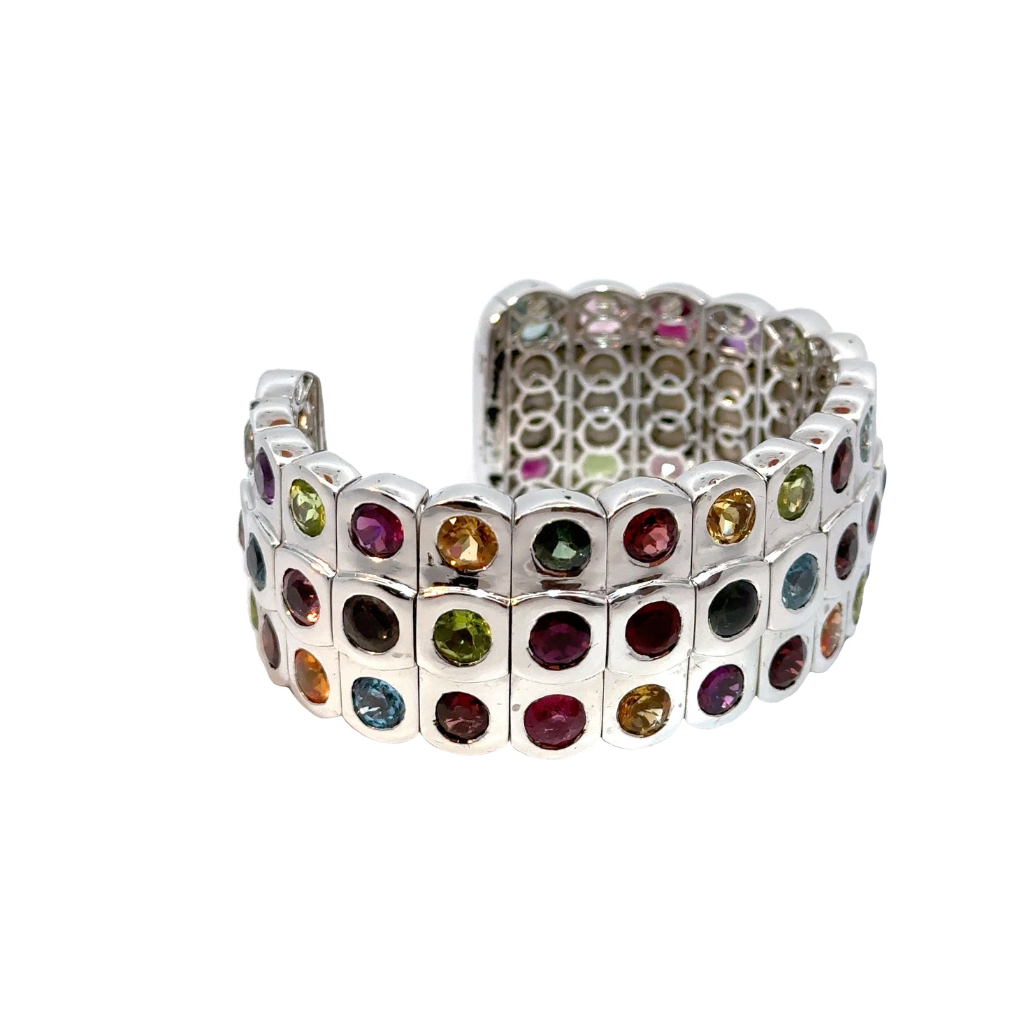 3-Row Rainbow Gemstone Cuff Bangle in 18K White Gold