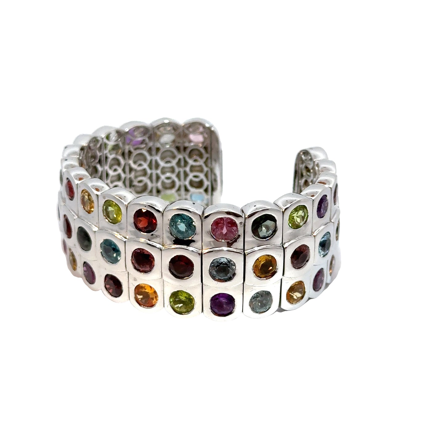 3-Row Rainbow Gemstone Cuff Bangle in 18K White Gold