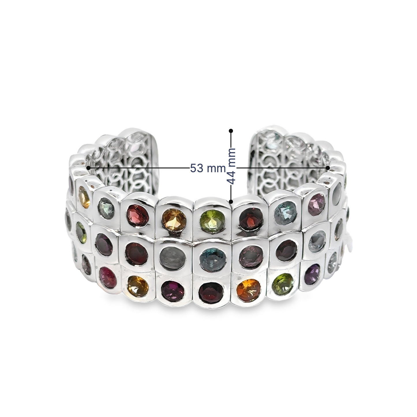 3-Row Rainbow Gemstone Cuff Bangle in 18K White Gold