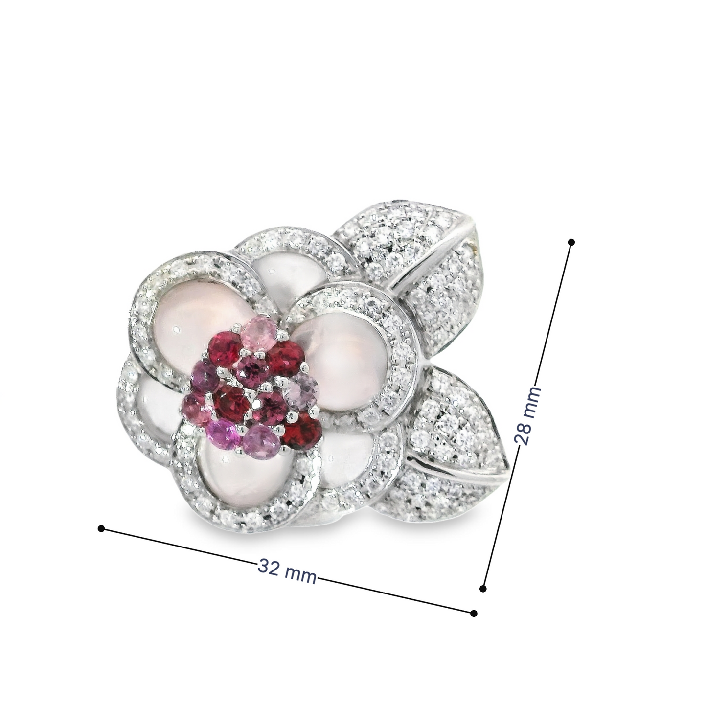 Floral Motif Rose Quartz with Diamond, Rhodolite and Pink Sapphire Clip-on Earrings