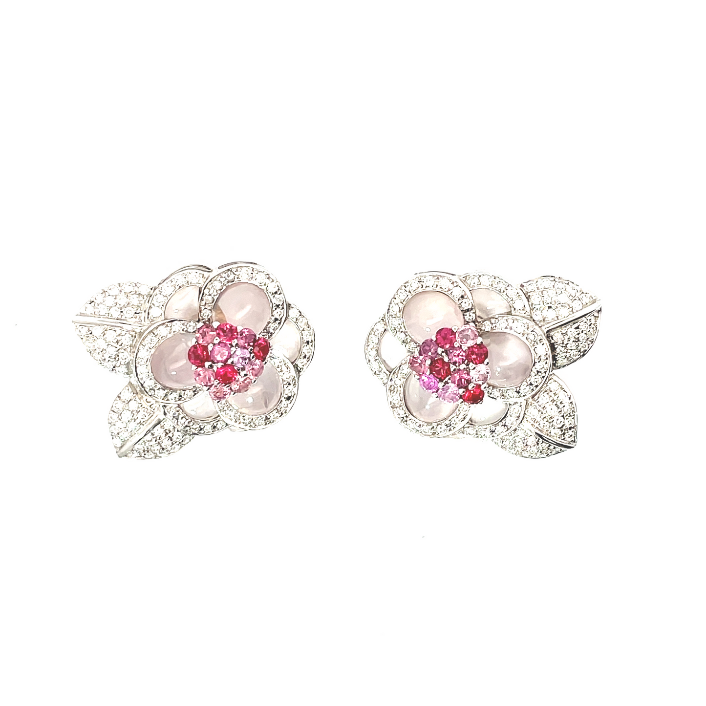 Floral Motif Rose Quartz with Diamond, Rhodolite and Pink Sapphire Clip-on Earrings