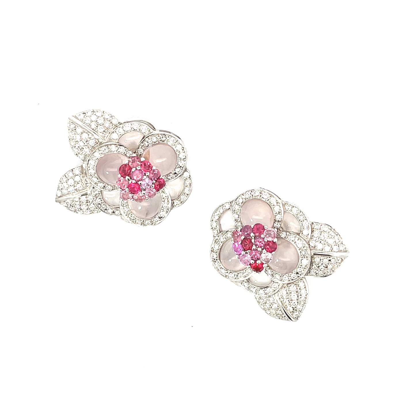 Floral Motif Rose Quartz with Diamond, Rhodolite and Pink Sapphire Clip-on Earrings