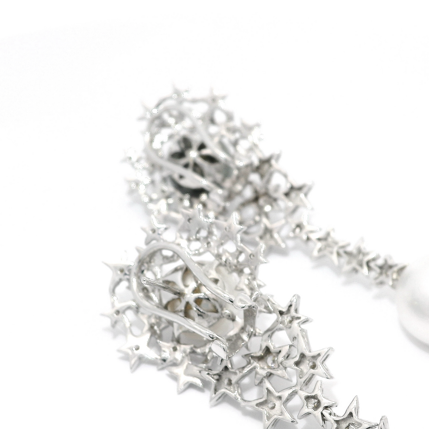 Star Cluster Diamond Long Earrings with White South Sea and Tahitian Pearls