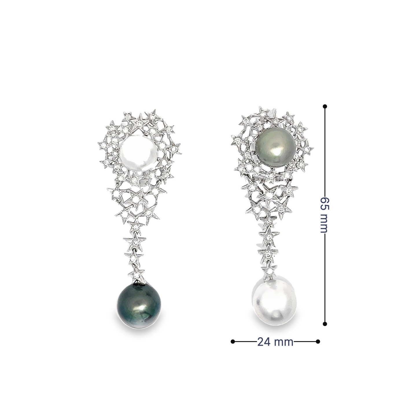 Star Cluster Diamond Long Earrings with White South Sea and Tahitian Pearls