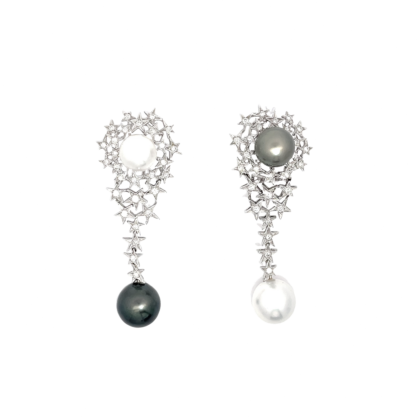 Star Cluster Diamond Long Earrings with White South Sea and Tahitian Pearls
