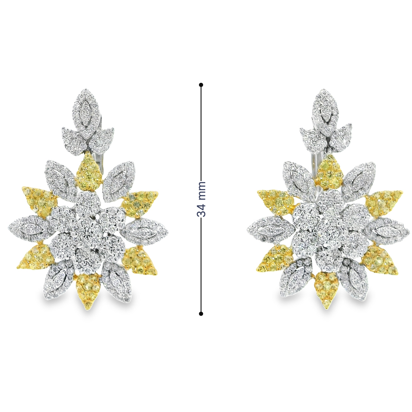 Sunburst Diamond and Yellow Sapphire Dangle Earrings in 18K White Gold