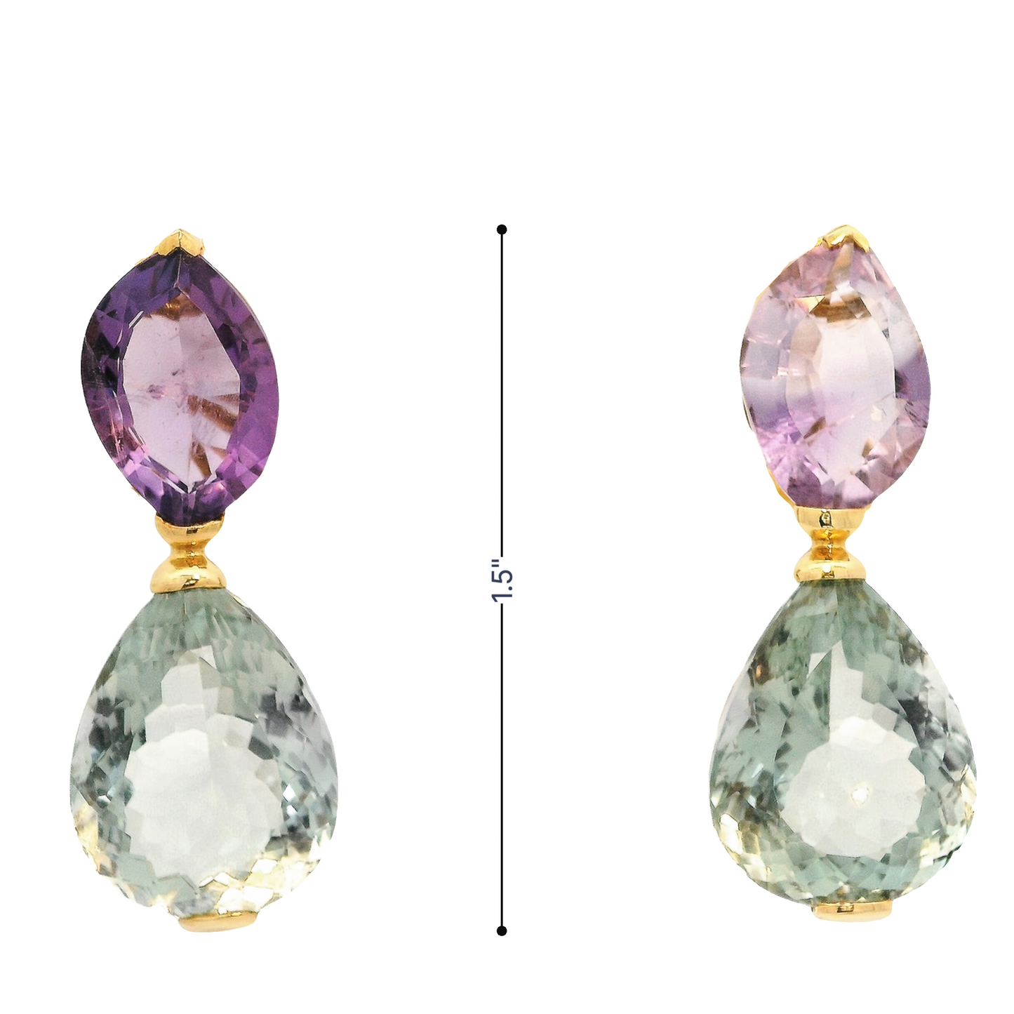 41.95 Carat Purple and Green Amethyst Drop Earrings in 18K Yellow Gold