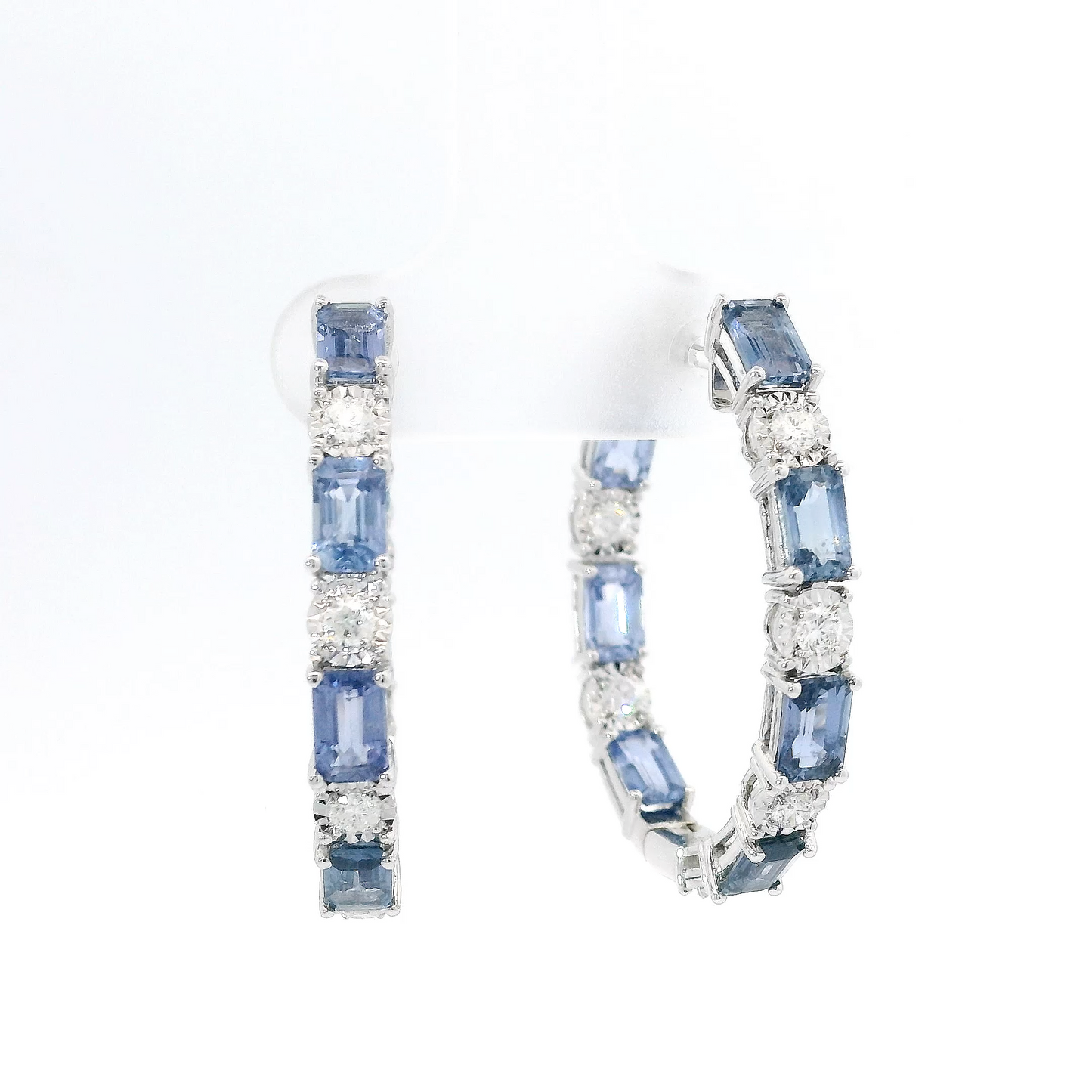 Blue Sapphire and Diamond Hoops in 18K White Gold