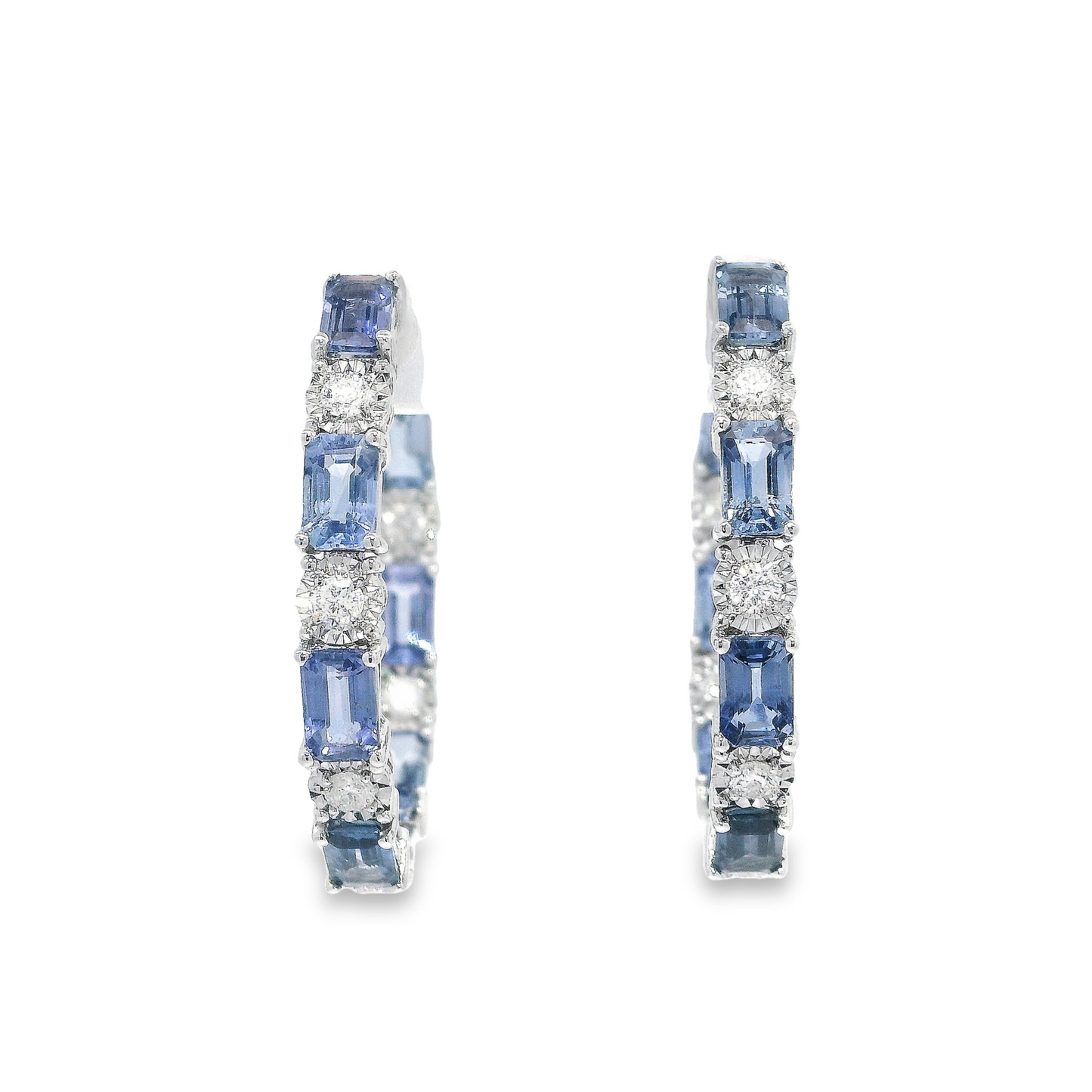 Blue Sapphire and Diamond Hoops in 18K White Gold
