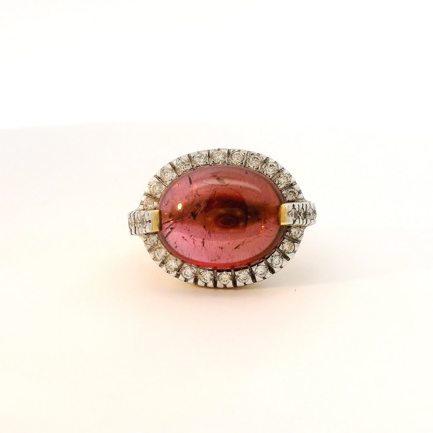 Classic Oval 9.995 carat Cabochon Pink Tourmaline Ring with Diamonds in 18K Gold
