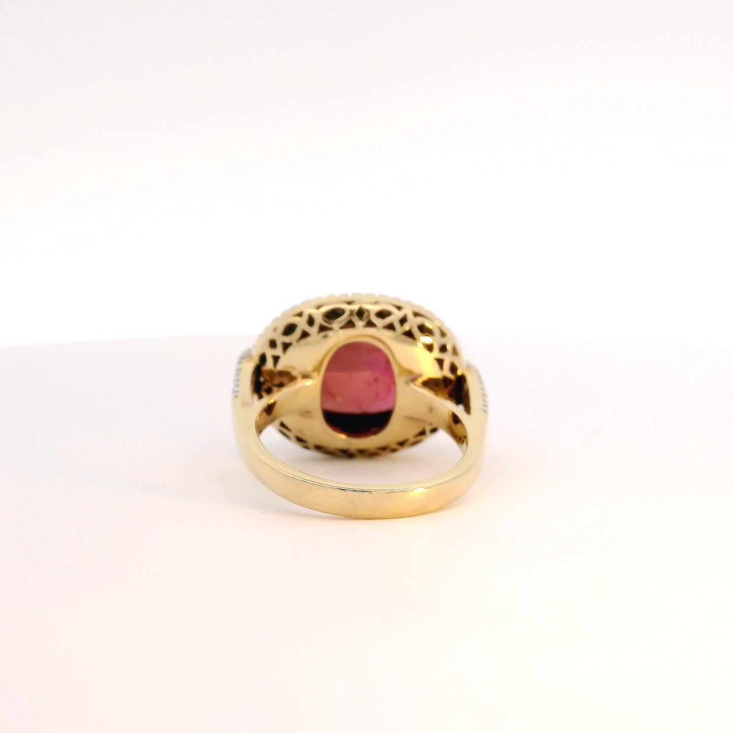 Classic Oval 9.995 carat Cabochon Pink Tourmaline Ring with Diamonds in 18K Gold
