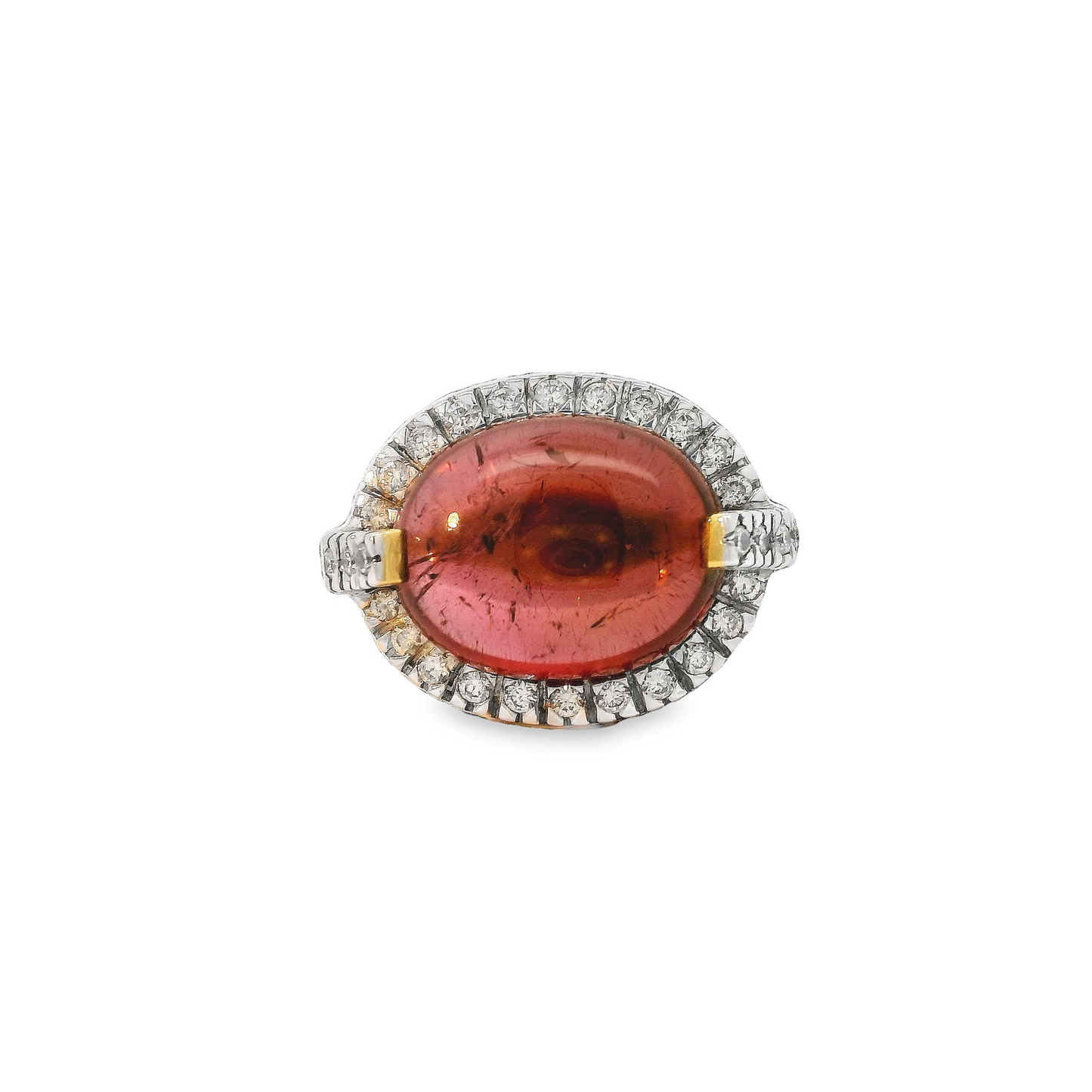 Classic Oval 9.995 carat Cabochon Pink Tourmaline Ring with Diamonds in 18K Gold