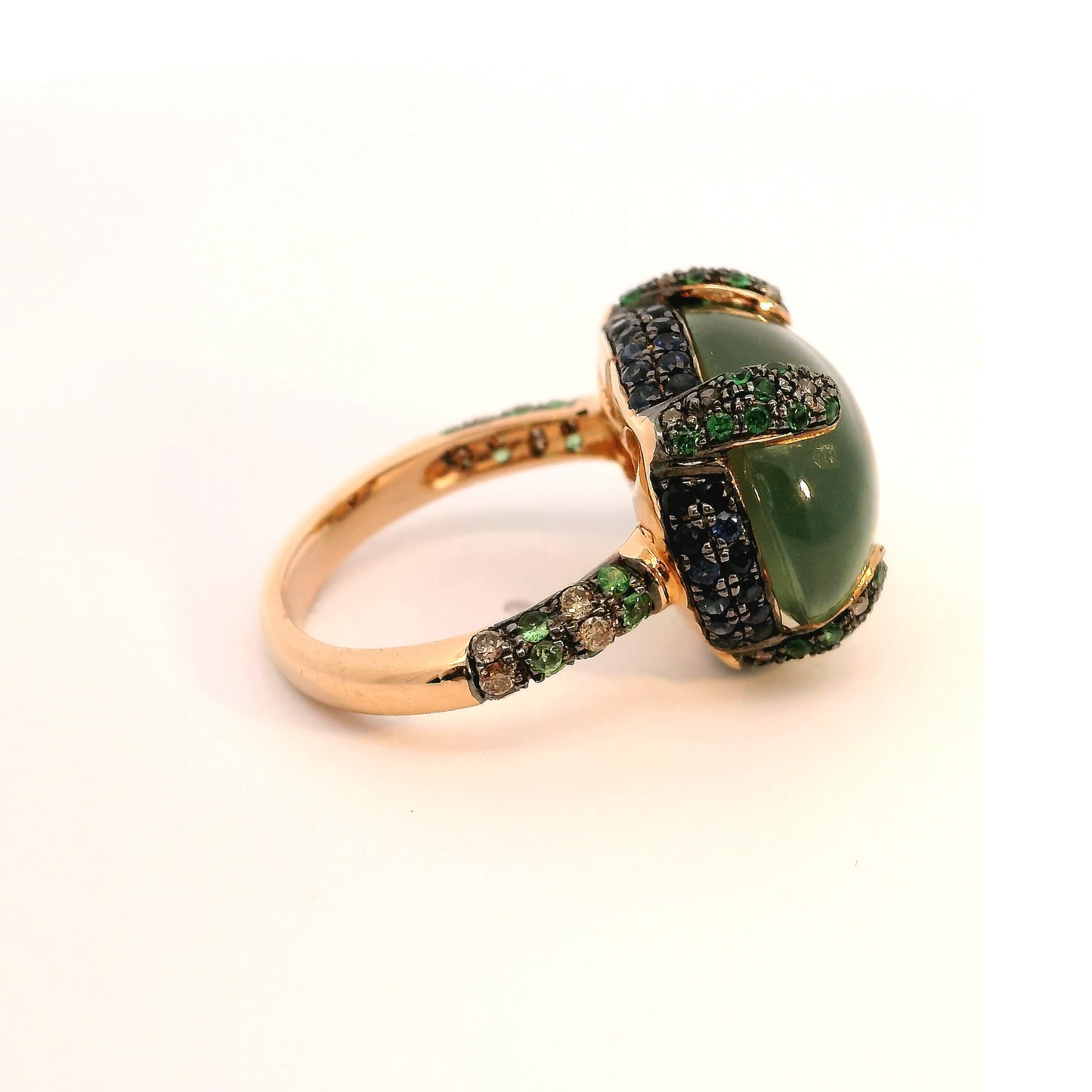 Cabochon Prehnite Gold Ring with Tsavorite Sapphir and Brown Diamond Pavé