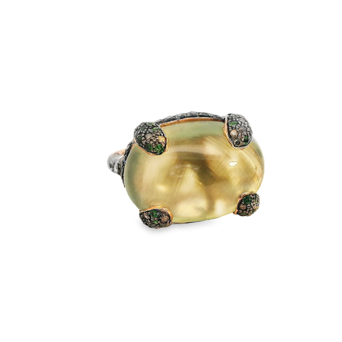 Cabochon Prehnite Gold Ring with Tsavorite Sapphir and Brown Diamond Pavé