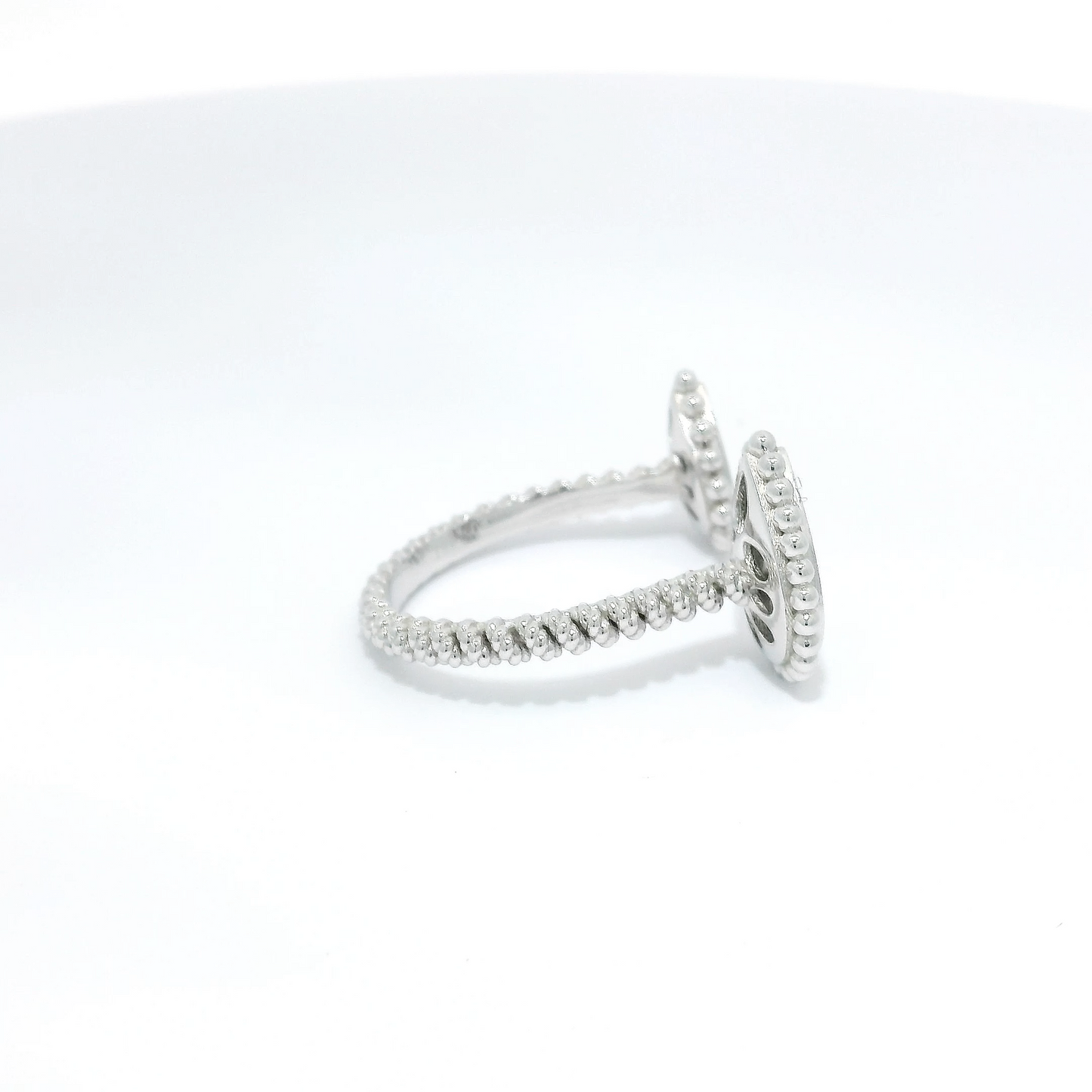 Diamond Encased in Beaded Halo Between-Finger Ring in 18K White Gold