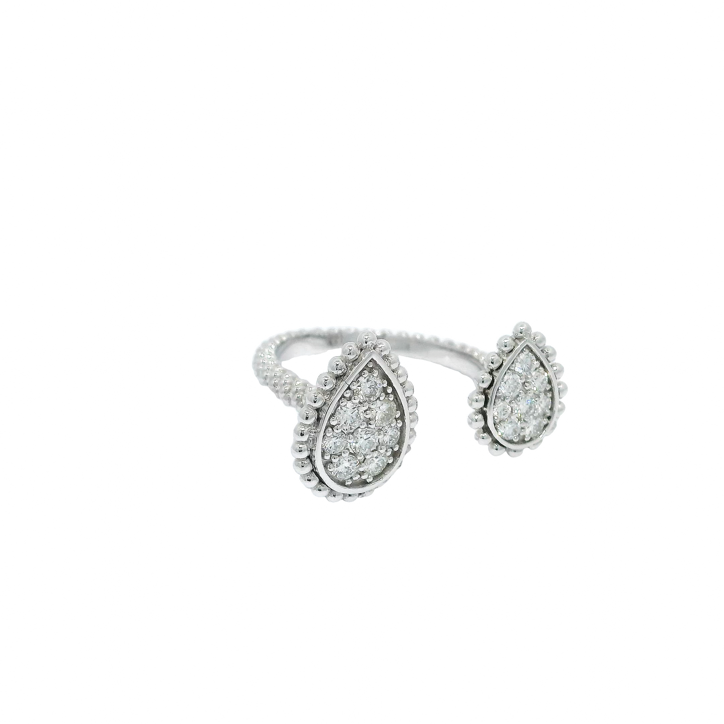 Diamond Encased in Beaded Halo Between-Finger Ring in 18K White Gold