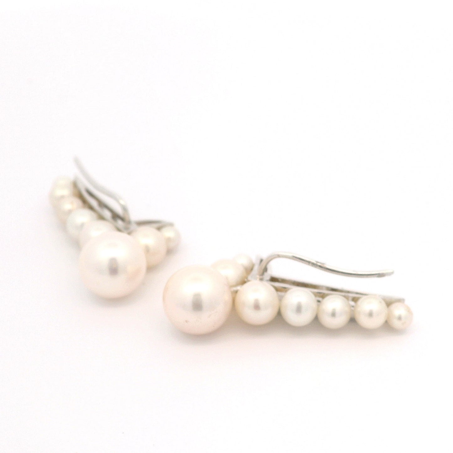 Graduated Pearl Diamond Ear Climbers in 18K White Gold