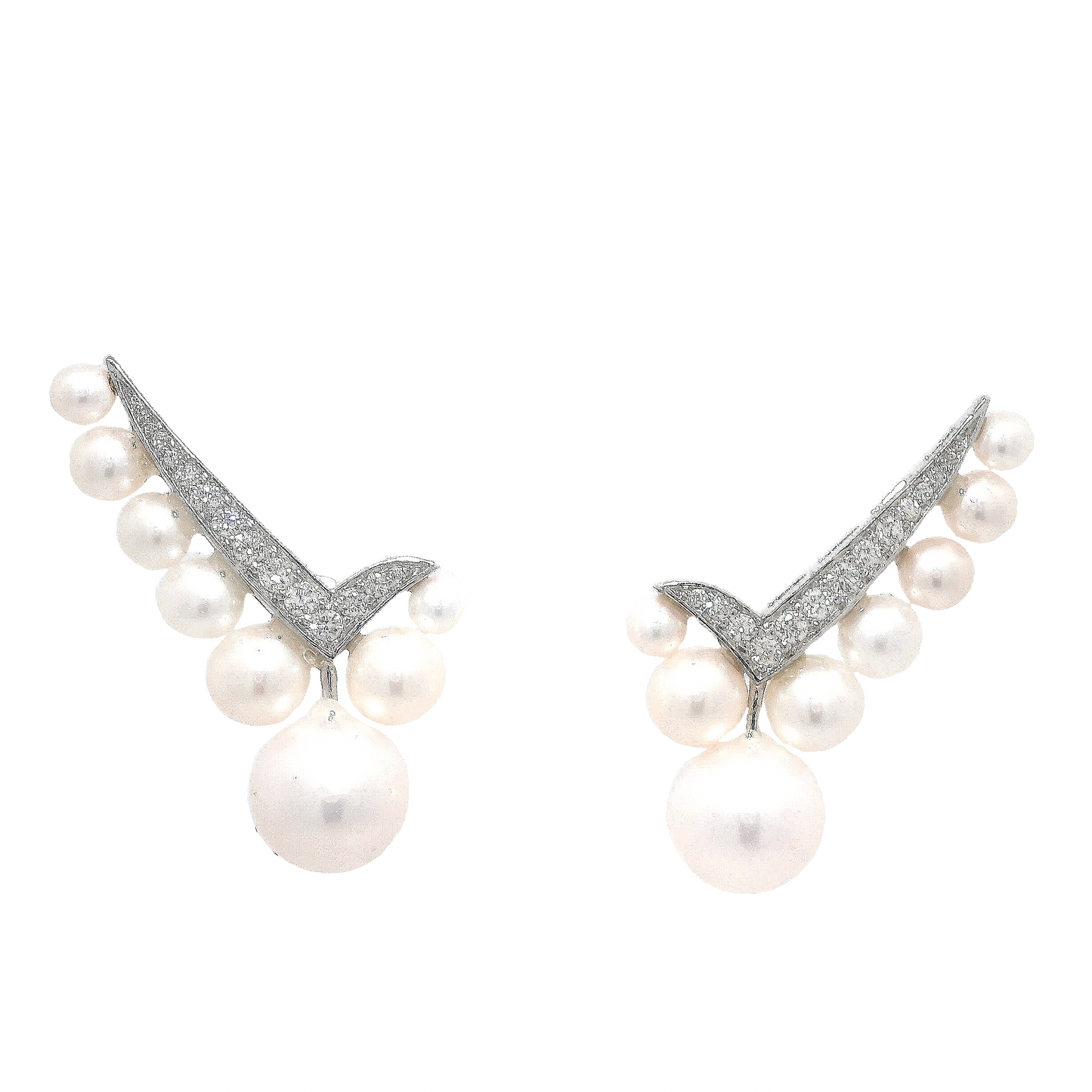 Graduated Pearl Diamond Ear Climbers in 18K White Gold