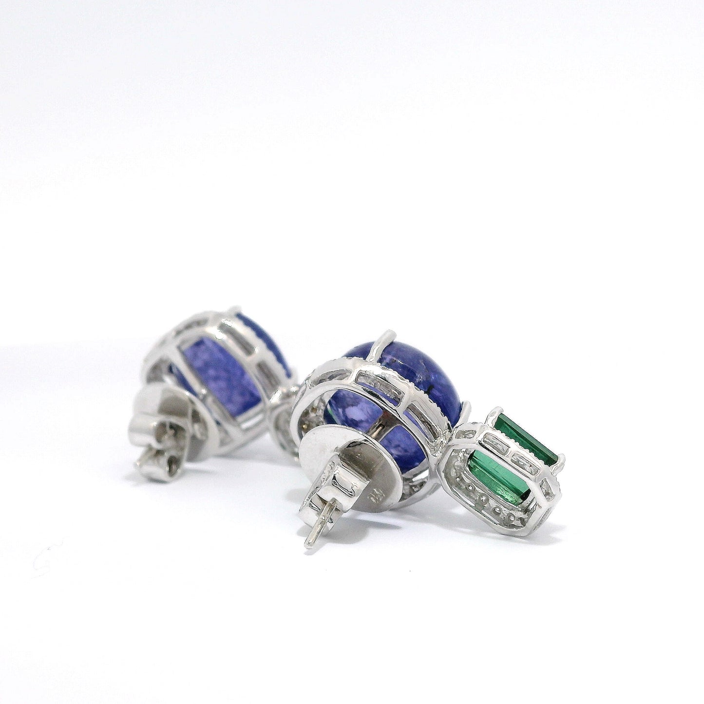 Cabochon Tanzanite and Tsavorite Diamond Halo Earrings in 18K White Gold