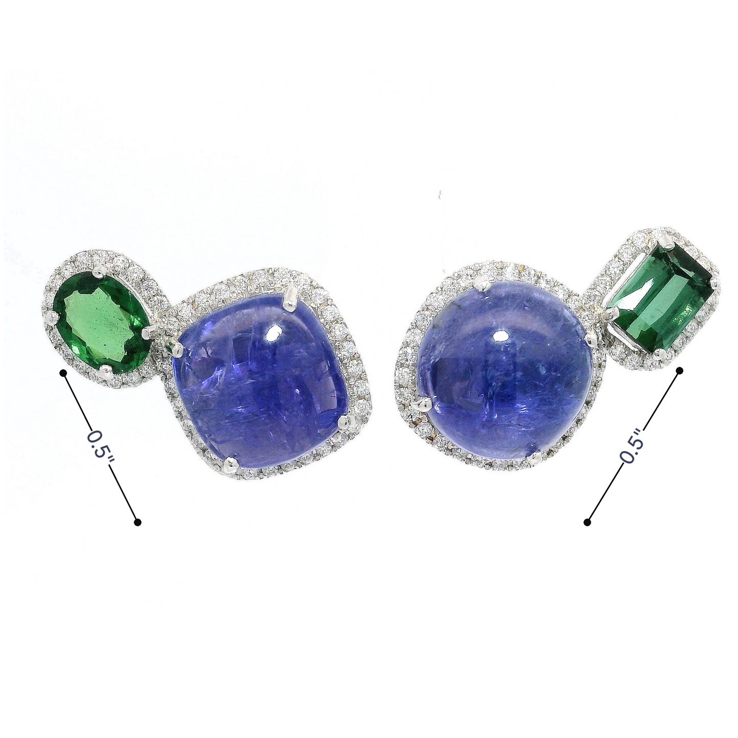 Cabochon Tanzanite and Tsavorite Diamond Halo Earrings in 18K White Gold