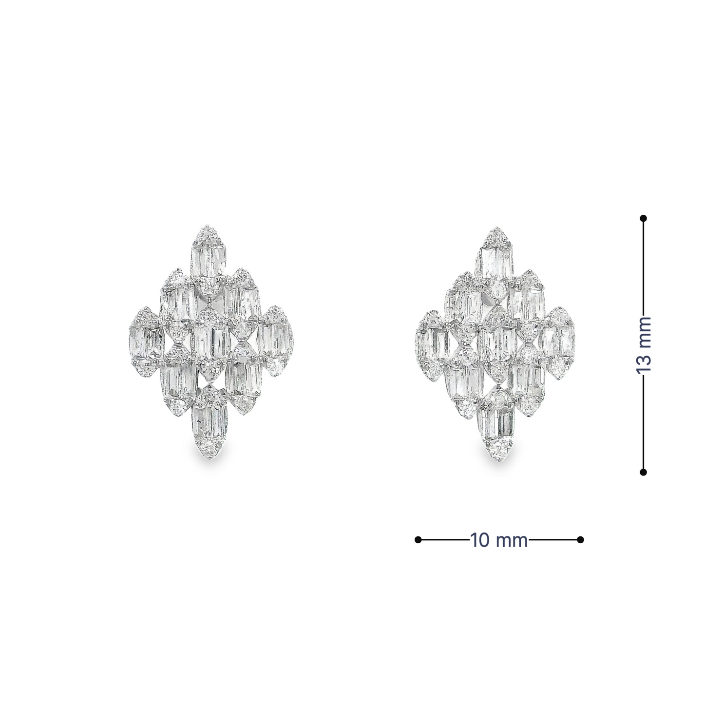 Diamond Shaped Stud Earrings in 18K White Gold set with Baguette and Round Diamonds