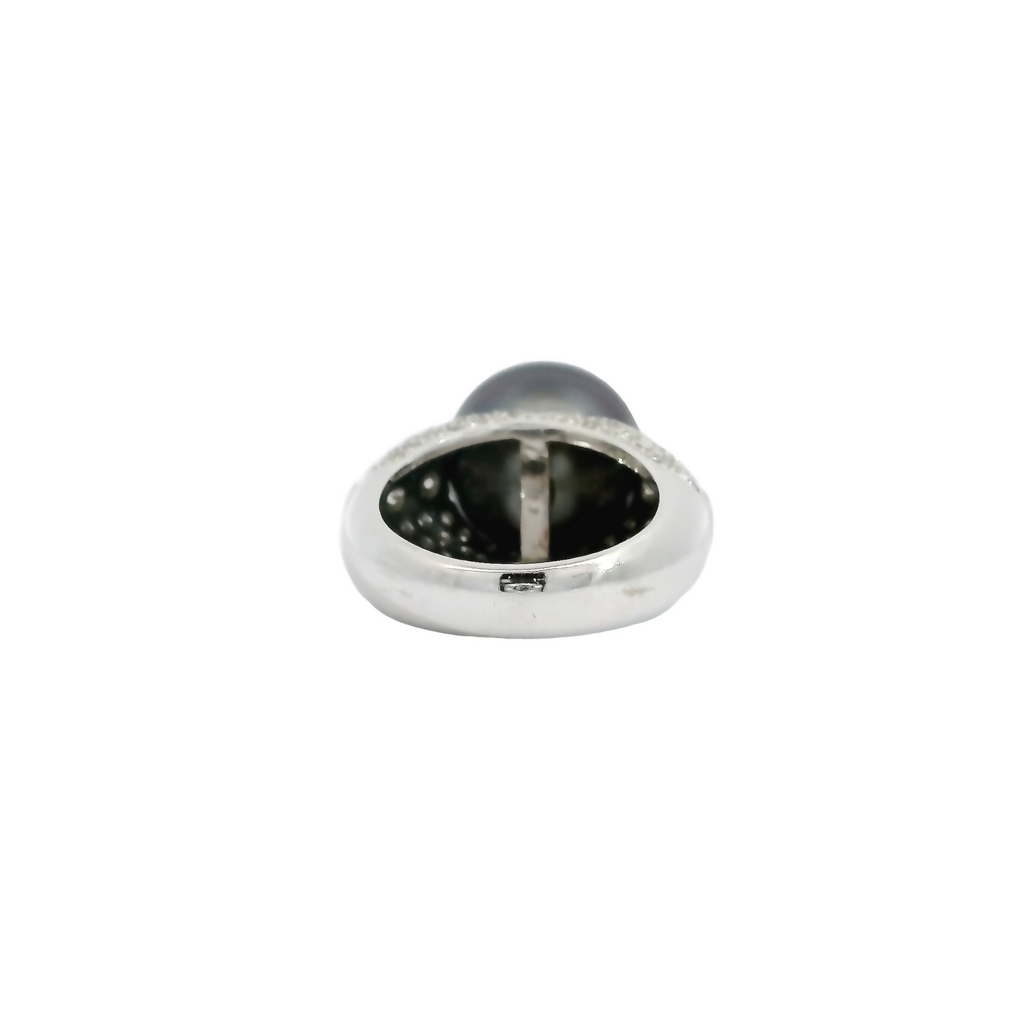 Tahitian Pearl Scalloped Edge Diamond Pavé 18K White Gold Ring Embellished with Diamond