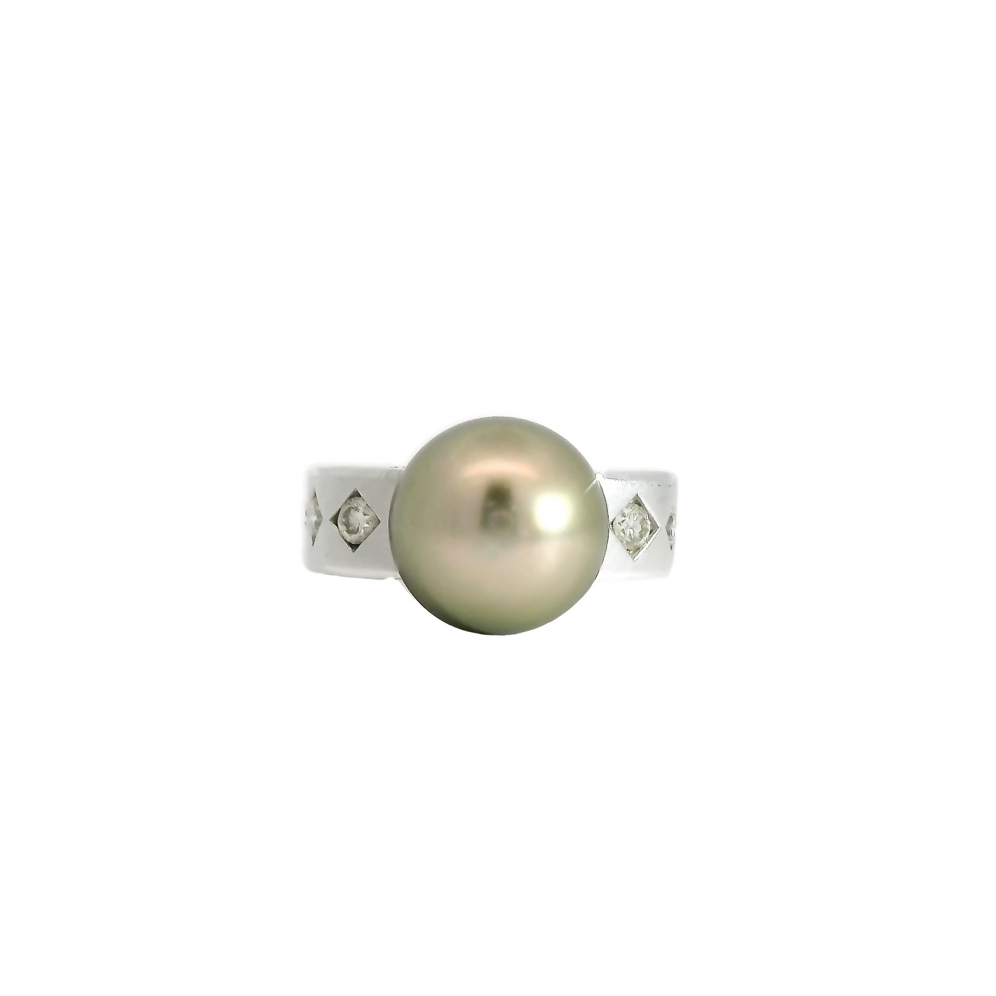 Light Green Tahitian Pearl with Pink Overtone Diamond Ring in Multi Texture White Gold