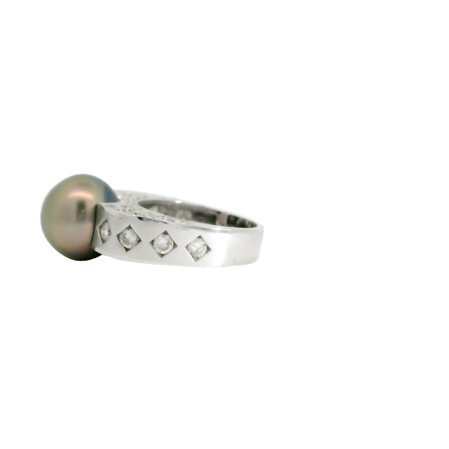 Light Green Tahitian Pearl with Pink Overtone Diamond Ring in Multi Texture White Gold