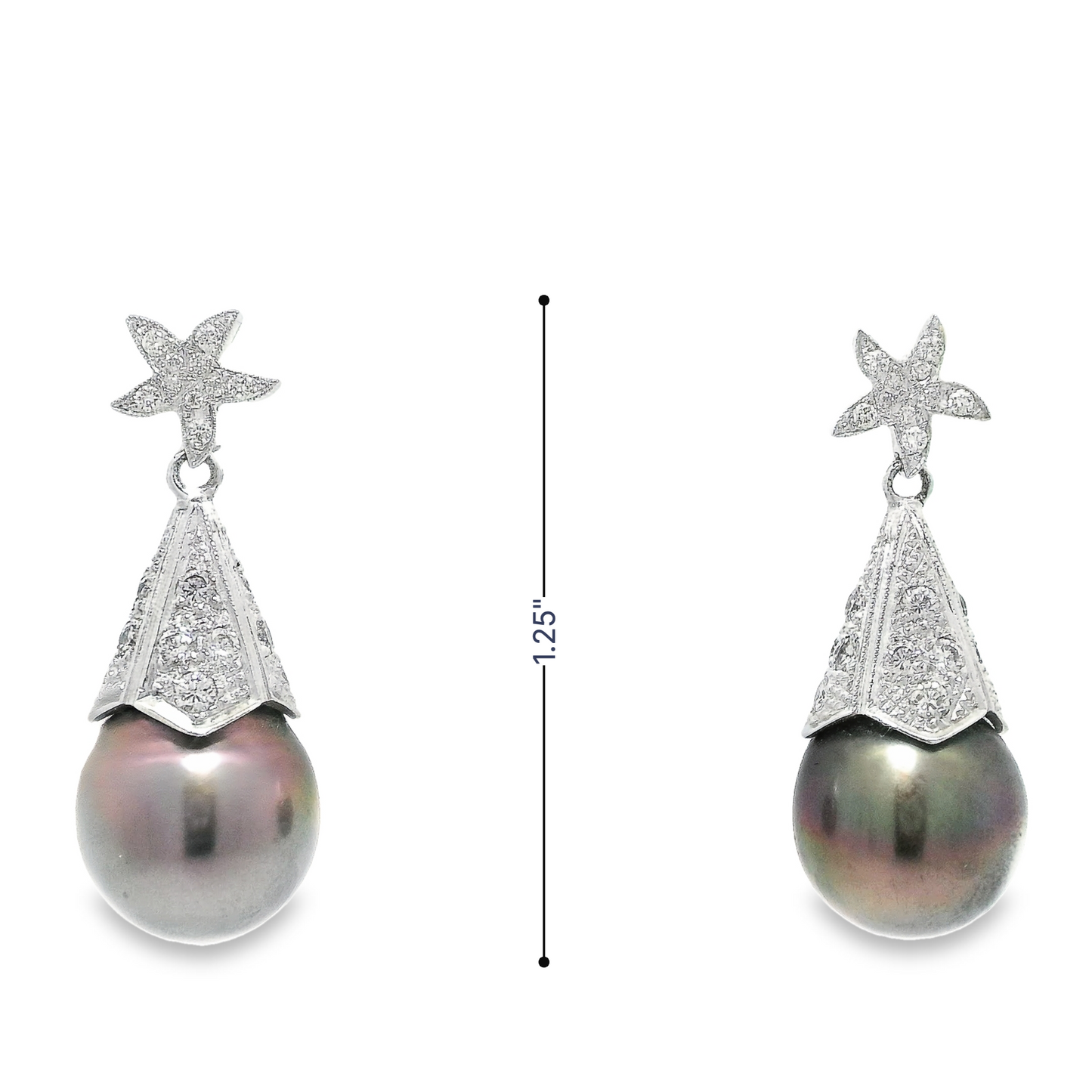 Starfish Diamond Earrings in 18K White Gold with Tahitian Pearl Drops