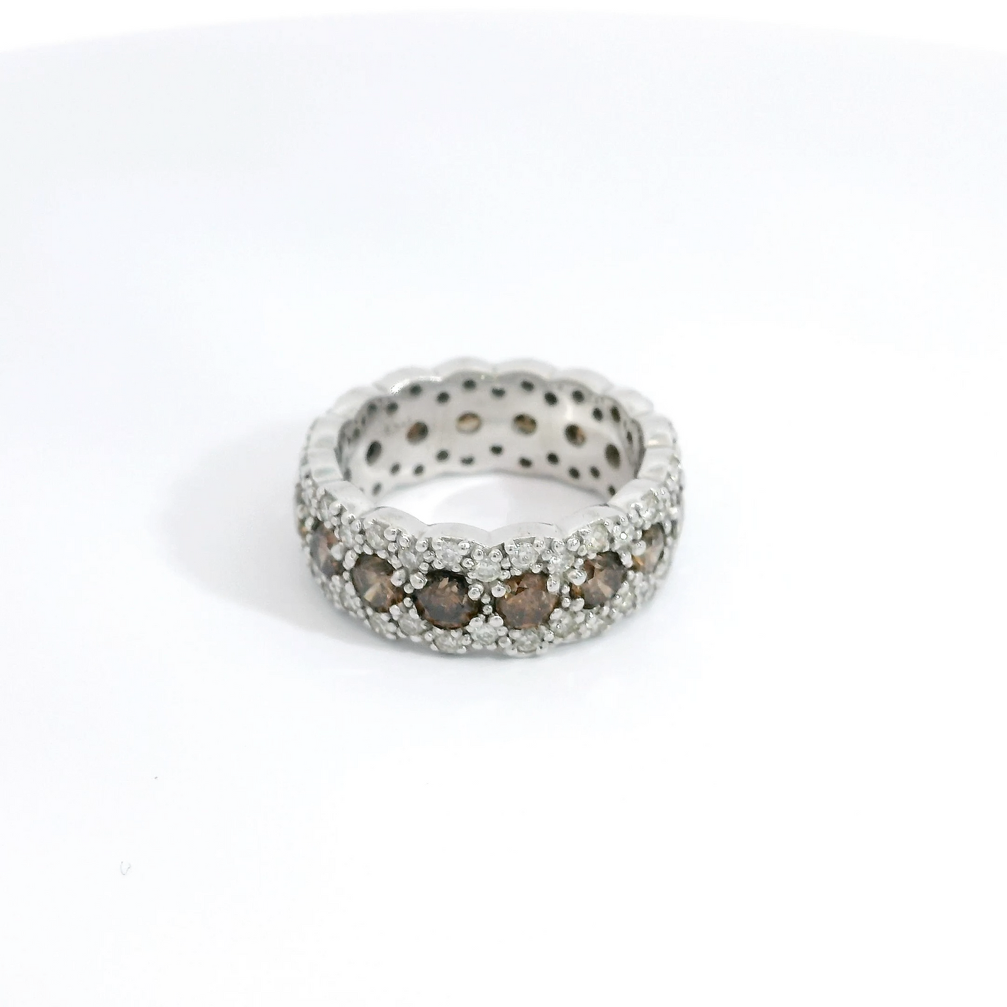 All Round White and Champagne Brown Diamond Band in 18K White Gold Ring