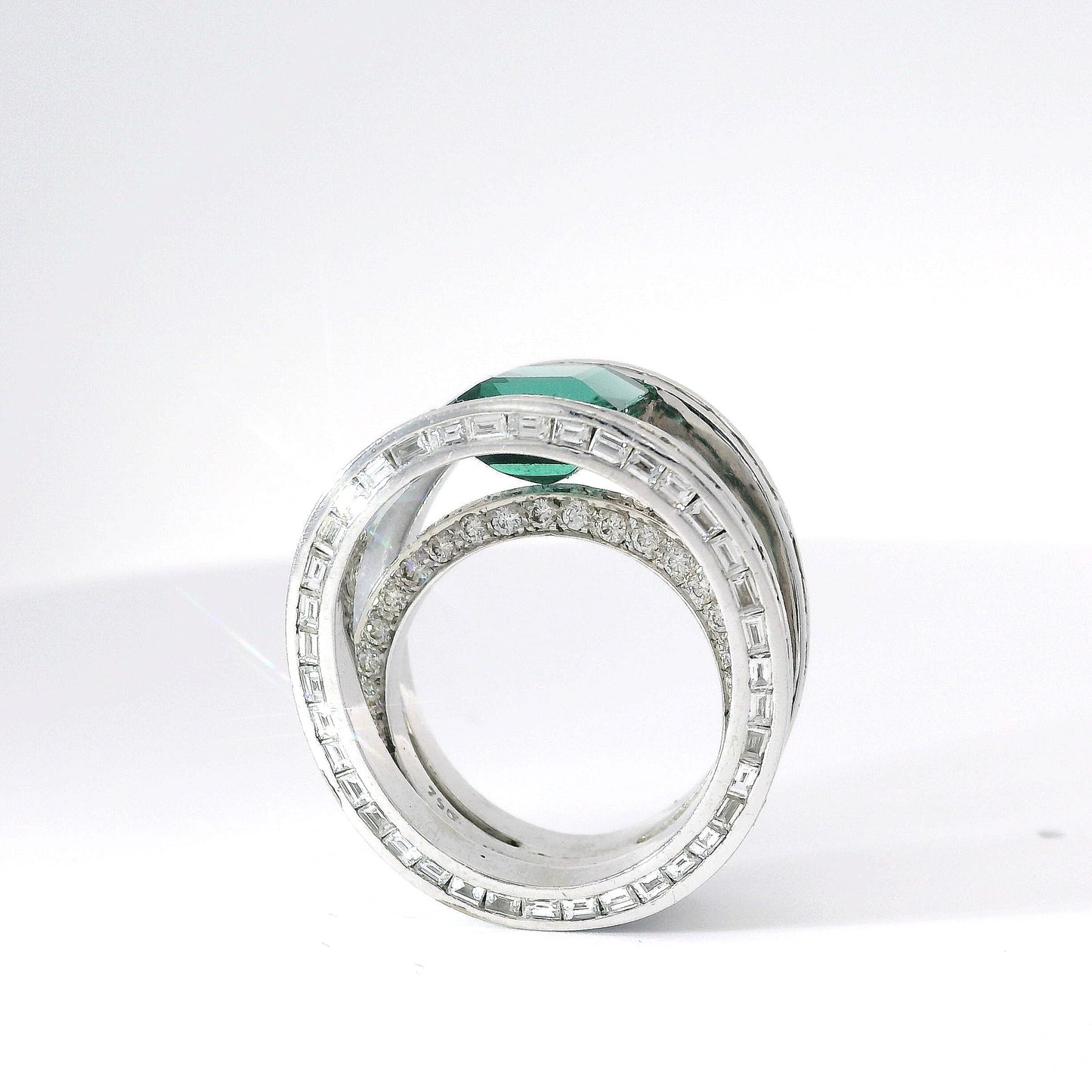6.10 Carat Emerald-Cut Green Tourmaline Ring with Baguette and Brilliant Round Diamond
