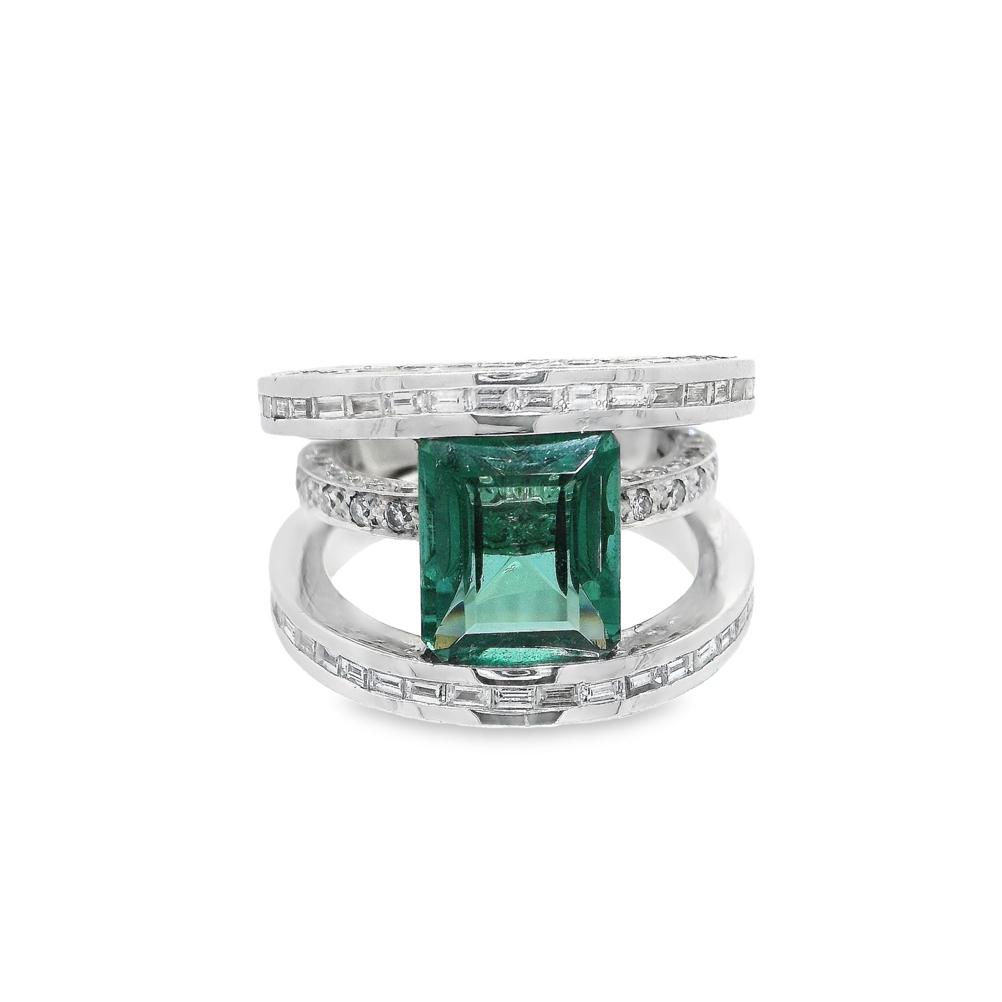 6.10 Carat Emerald-Cut Green Tourmaline Ring with Baguette and Brilliant Round Diamond