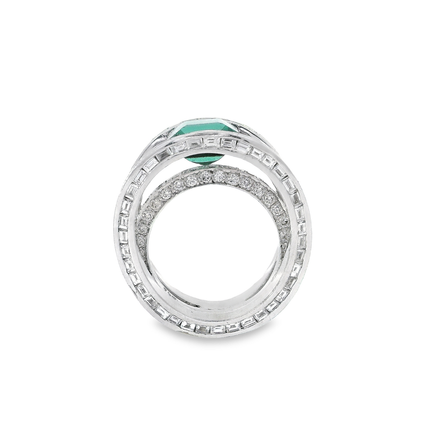 6.10 Carat Emerald-Cut Green Tourmaline Ring with Baguette and Brilliant Round Diamond