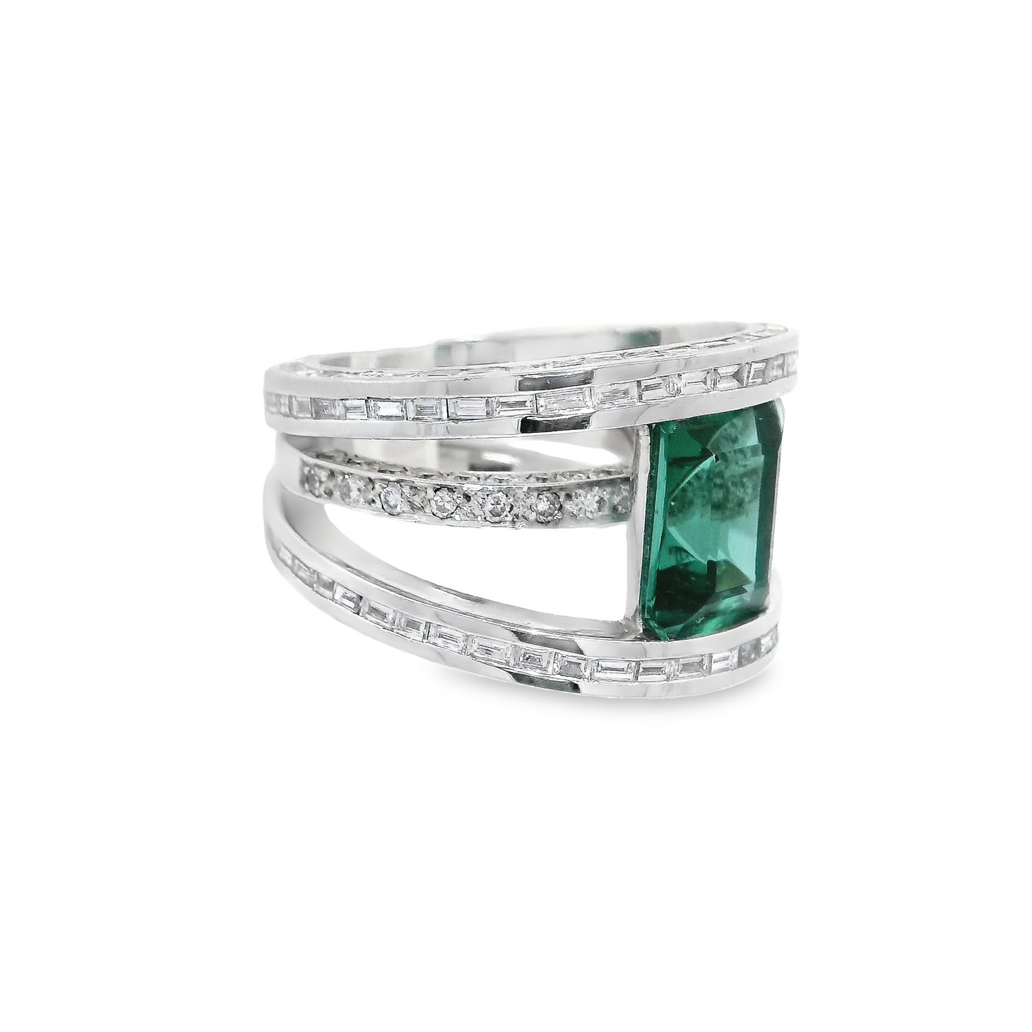 6.10 Carat Emerald-Cut Green Tourmaline Ring with Baguette and Brilliant Round Diamond