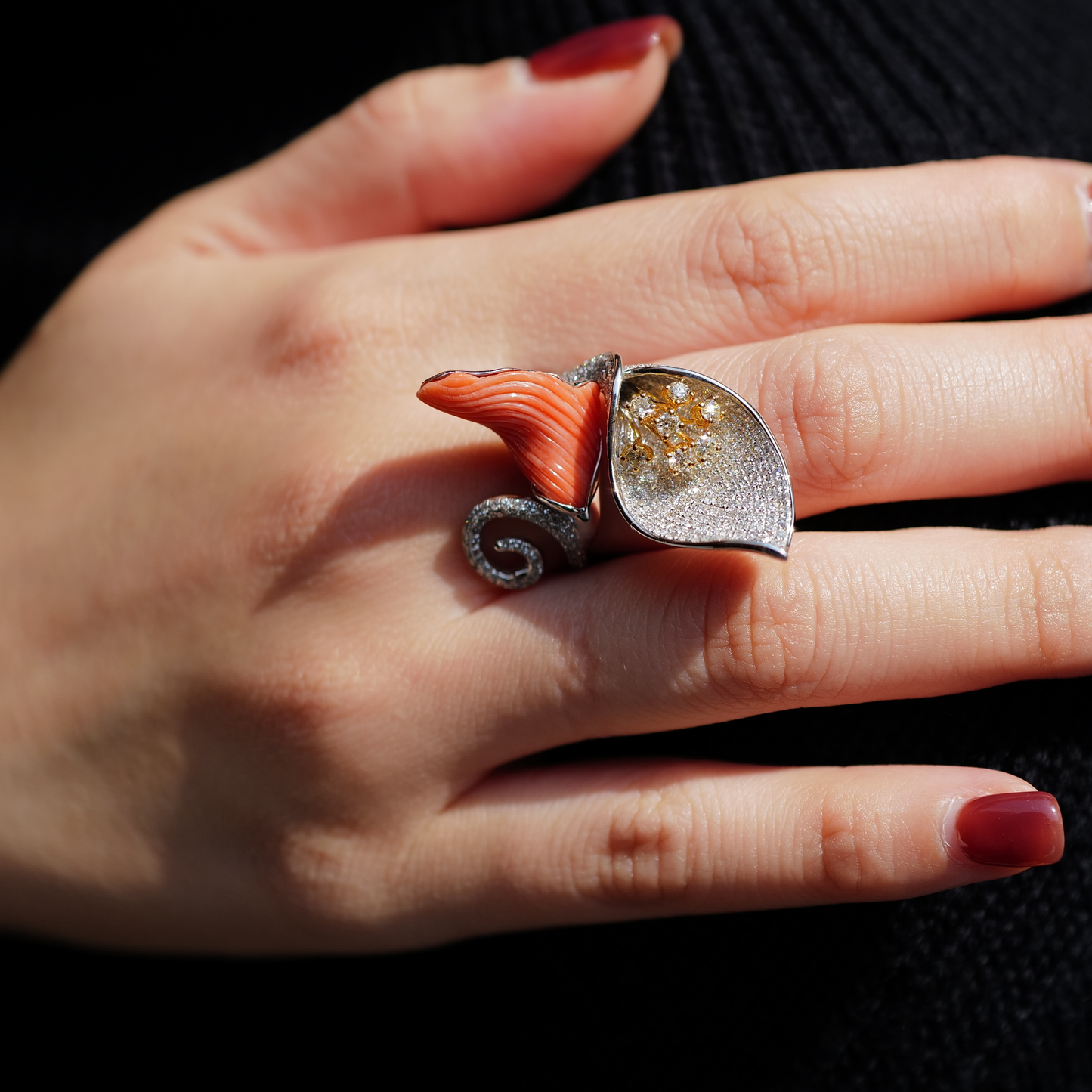 Peace Lily Coral Ring with White and Yellow Diamond