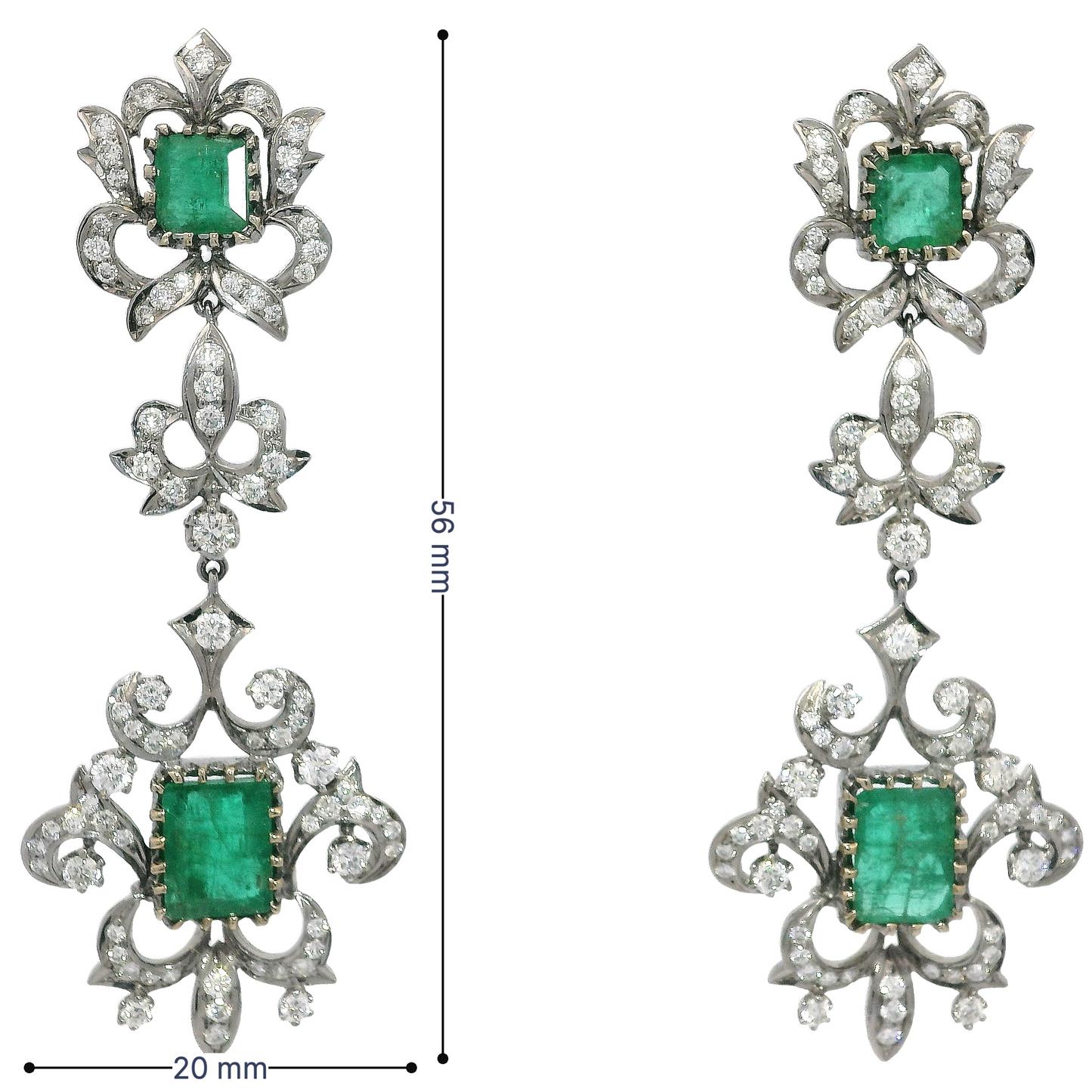 Vintage Inspired Emerald and Diamond Floral Detail Dangle Earrings