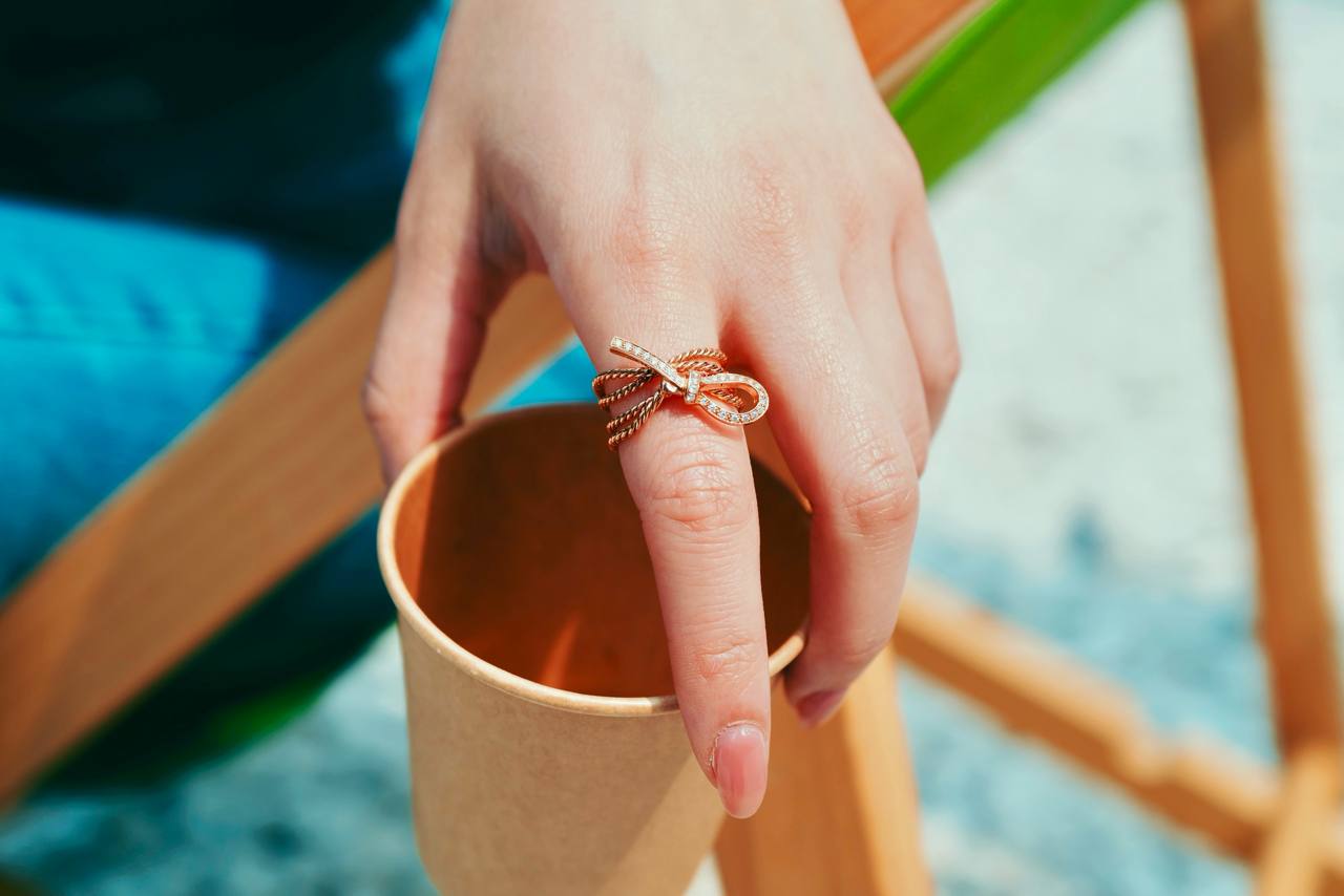 18K Rose Gold Delicate Twisted Rope and Diamond Ribbon Ring