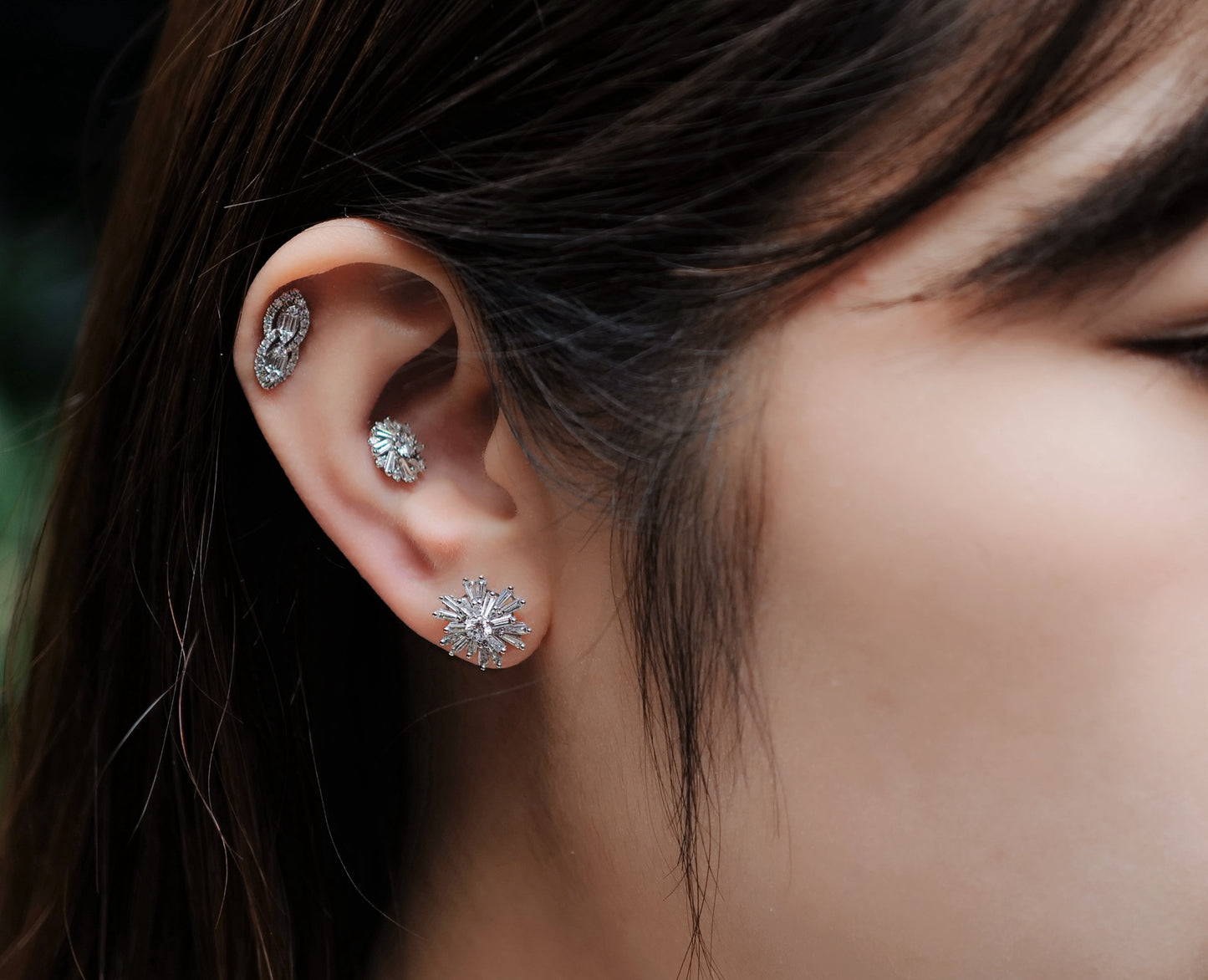 Baguette around Brilliant Round Diamond Stud Earrings in 18K White Gold