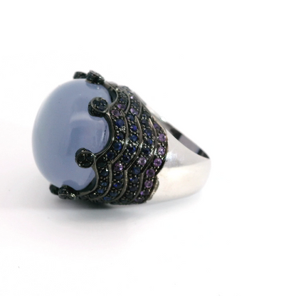32.23 Carat Chalcedony Crown Ring with Sapphire and Amethyst
