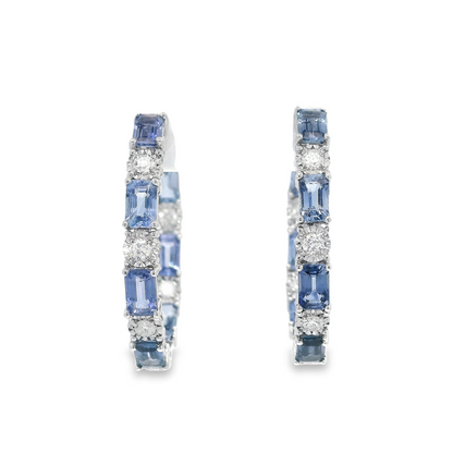 Blue Sapphire and Diamond Hoops in 18K White Gold