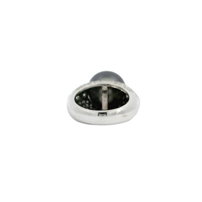 Tahitian Pearl Scalloped Edge Diamond Pavé 18K White Gold Ring Embellished with Diamond