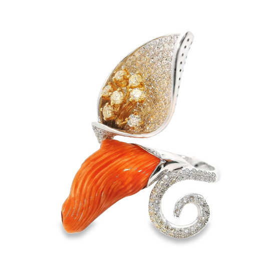 Peace Lily Coral Ring with White and Yellow Diamond