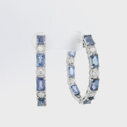 Blue Sapphire and Diamond Hoops in 18K White Gold